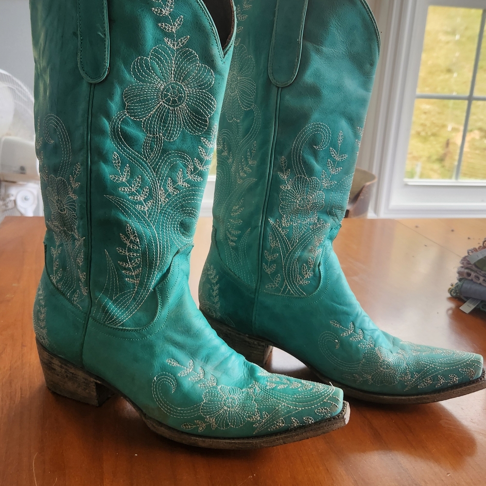 Floral Embroidered Teal Heeled Boots